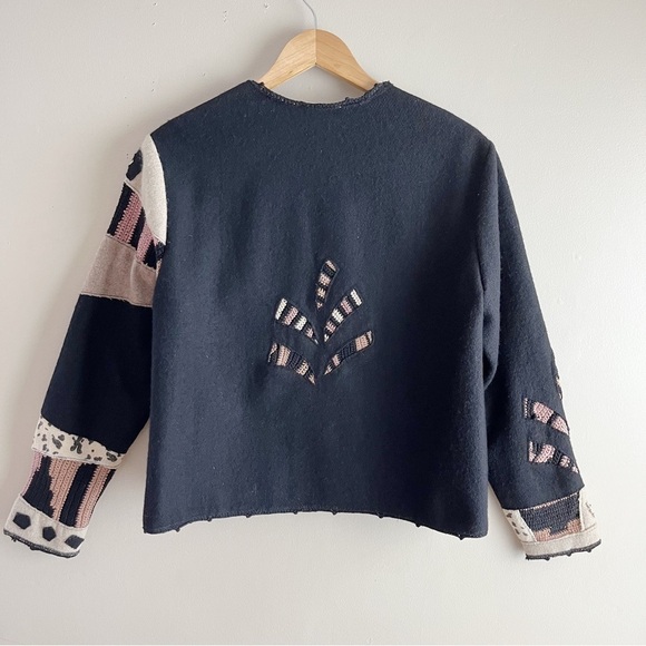 Sandy Starkman Vintage 80’s Wool Patchwork Art to Wear Crop Jacket Black Tan, S - Picture 9 of 10